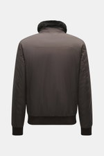 Moorer Down Blouson 'Billati' dark brown shown from the back, made of high-quality microfiber with smooth feel, slim fit, water-repellent, two-way zipper, narrow stand-up collar with removable lambskin trim, hood stowable in collar, zipper front pockets, 