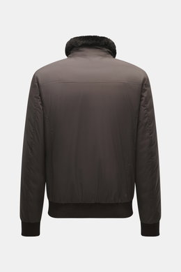 Moorer Down Blouson 'Billati' dark brown shown from the back, made of high-quality microfiber with smooth feel, slim fit, water-repellent, two-way zipper, narrow stand-up collar with removable lambskin trim, hood stowable in collar, zipper front pockets, 