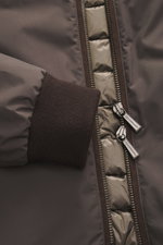 Close-up front view of the Moorer Down Blouson 'Billati' dark brown showing high-quality microfiber fabric, two-way zipper with branded pulls, elastic sleeve cuff, and light down filling with ripstop lining, highlighting functional outerwear with timeless