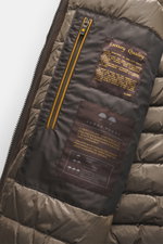 Moorer Down Blouson 'Billati' dark brown shown from a close-up inside view, highlighting high-quality microfiber lining, smooth feel, slim fit, water-repellent fabric, two-way zipper, narrow stand-up collar with removable lambskin trim, hood stowable in c