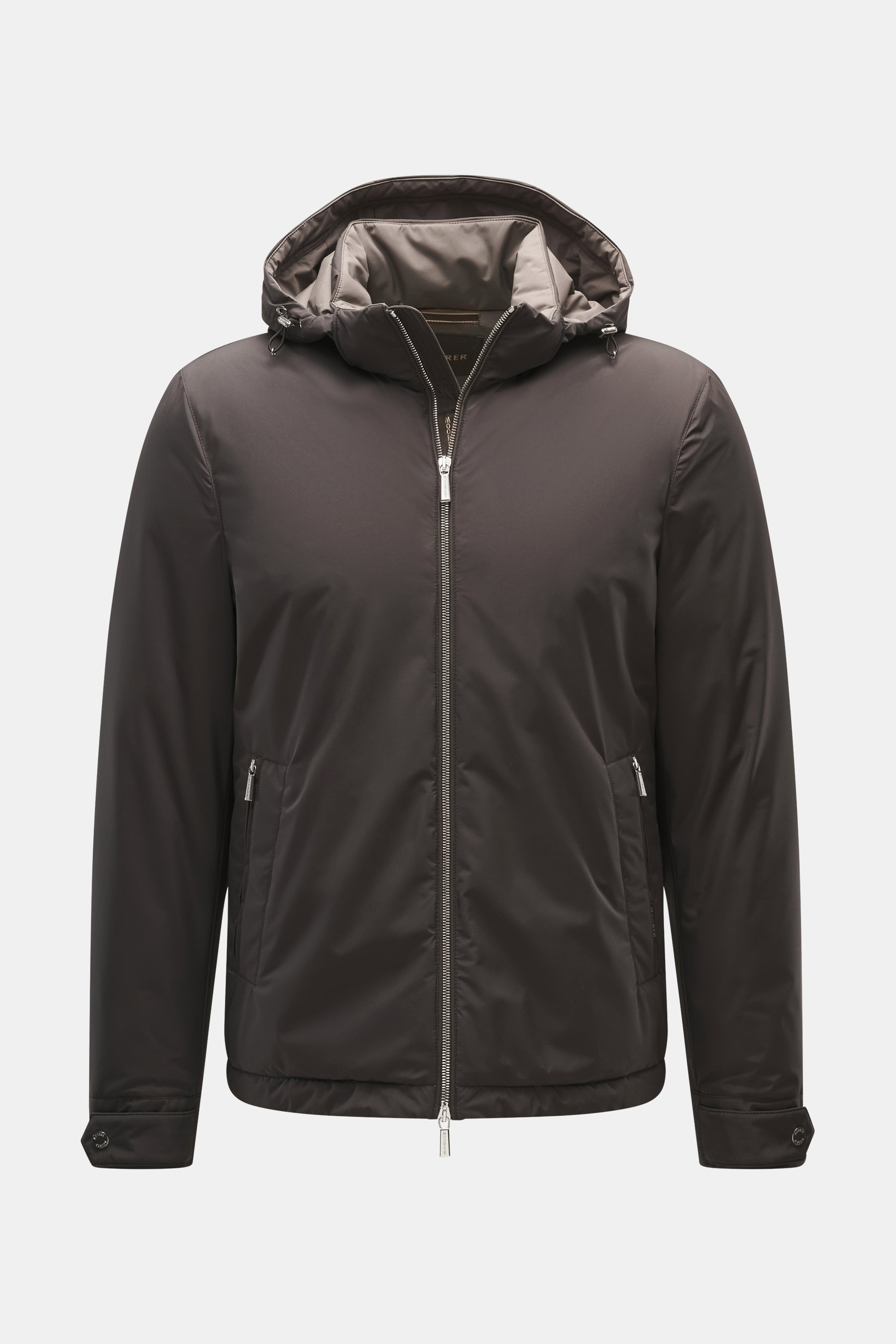 Front view of the Moorer Down jacket 'Albini' anthracite, a luxurious, water-repellent jacket with detachable hood, microfiber fabric, soft touch, warming down filling, slim fit, two-way zipper, high collar, double front pockets with zipper and snap butto
