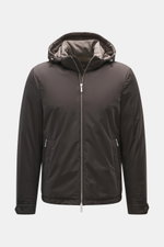 Front view of the Moorer Down jacket 'Albini' anthracite, a luxurious, water-repellent jacket with detachable hood, microfiber fabric, soft touch, warming down filling, slim fit, two-way zipper, high collar, double front pockets with zipper and snap butto