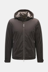 Front view of the Moorer Down jacket 'Albini' anthracite, a luxurious, water-repellent jacket with detachable hood, microfiber fabric, soft touch, warming down filling, slim fit, two-way zipper, high collar, double front pockets with zipper and snap butto
