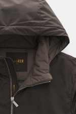 Close-up front view of the Moorer Down jacket 'Albini' anthracite showing the high-closing collar, detachable hood, and two-way zipper, made from high-quality microfiber with a soft touch, water-repellent fabric, warming down filling, slim fit, double fro