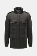Front view of Moorer Down jacket 'Mougi' anthracite, slim fit, made of viscose-microfiber blend, with light down filling, hood in collar, four front pockets, button cuffs, adjustable waist, quilted lining, and two inner pockets, featuring a two-way zipper