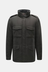 Front view of Moorer Down jacket 'Mougi' anthracite, slim fit, made of viscose-microfiber blend, with light down filling, hood in collar, four front pockets, button cuffs, adjustable waist, quilted lining, and two inner pockets, featuring a two-way zipper