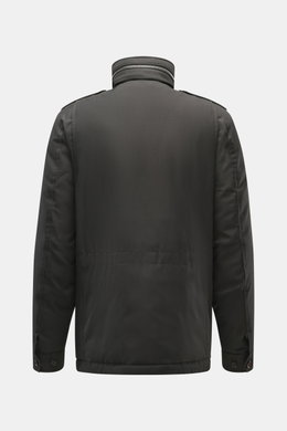 Moorer Down jacket 'Mougi' anthracite shown from the back, slim fit with narrow stand-up collar, hood in collar, button cuffs, and adjustable waist width. Functional outerwear with timeless elegance from MOORER: Ready for autumn with the down jacket 'Moug