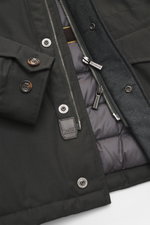 Close-up of Moorer Down jacket 'Mougi' anthracite from above, showing slim fit, button cuffs, two-way zipper, and quilted lining. Functional outerwear with timeless elegance from MOORER: Ready for autumn with the down jacket 'Mougi' made of high-quality v