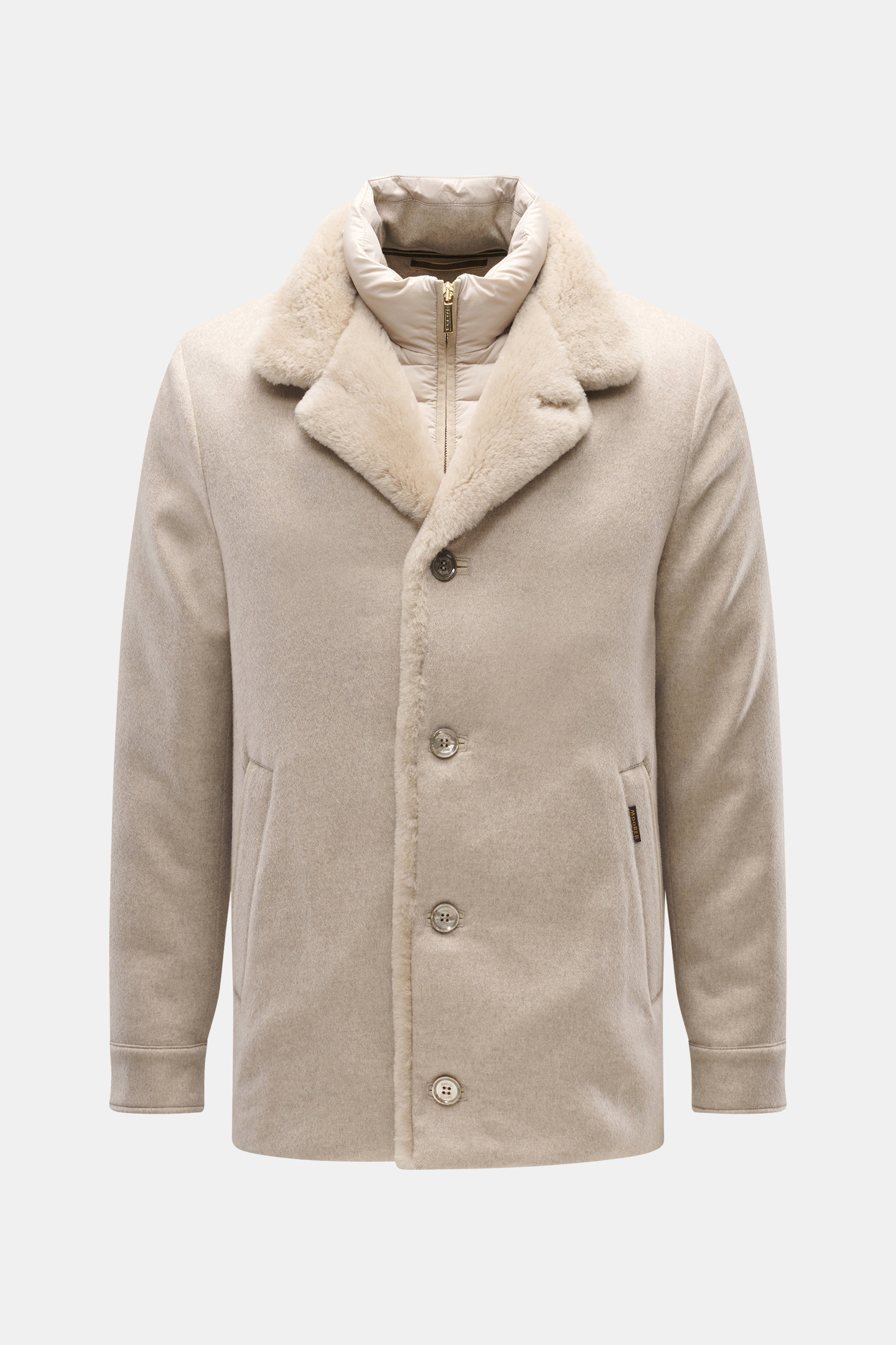 Moorer Cashmere down jacket 'Teodor' beige front view, slim fit with pure cashmere, soft touch, removable double front, warm down filling, five-button placket, adjustable collar with sheepskin trim, slanted welt pockets, sleeve cuffs with button, quilted 