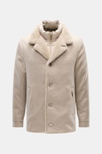 Moorer Cashmere down jacket 'Teodor' beige front view, slim fit with pure cashmere, soft touch, removable double front, warm down filling, five-button placket, adjustable collar with sheepskin trim, slanted welt pockets, sleeve cuffs with button, quilted 