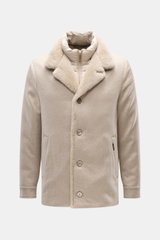 Moorer Cashmere down jacket 'Teodor' beige front view, slim fit with pure cashmere, soft touch, removable double front, warm down filling, five-button placket, adjustable collar with sheepskin trim, slanted welt pockets, sleeve cuffs with button, quilted 