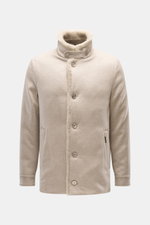 Front view of Moorer Cashmere down jacket 'Teodor' beige with slim fit, five-button placket, adjustable collar with sheepskin trim, slanted welt pockets, sleeve cuffs with button, quilted lining fabric, and two inner pockets. Style meets function: The dow