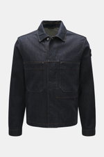 Stone Island Denim jacket 'Indigo Denim-Raw' navy front view, slim fit raw denim cotton jacket with concealed button placket, turn-down collar, patch front pockets, compass badge on upper sleeve, and cuffs with button.
