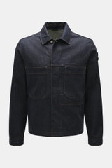 Stone Island Denim jacket 'Indigo Denim-Raw' navy front view, slim fit raw denim cotton jacket with concealed button placket, turn-down collar, patch front pockets, compass badge on upper sleeve, and cuffs with button.
