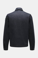 Stone Island Denim jacket 'Indigo Denim-Raw' navy shown from the back, raw indigo denim with turn-down collar, slim fit, button cuffs, and sleeve badge.