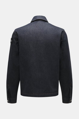 Stone Island Denim jacket 'Indigo Denim-Raw' navy shown from the back, raw indigo denim with turn-down collar, slim fit, button cuffs, and sleeve badge.
