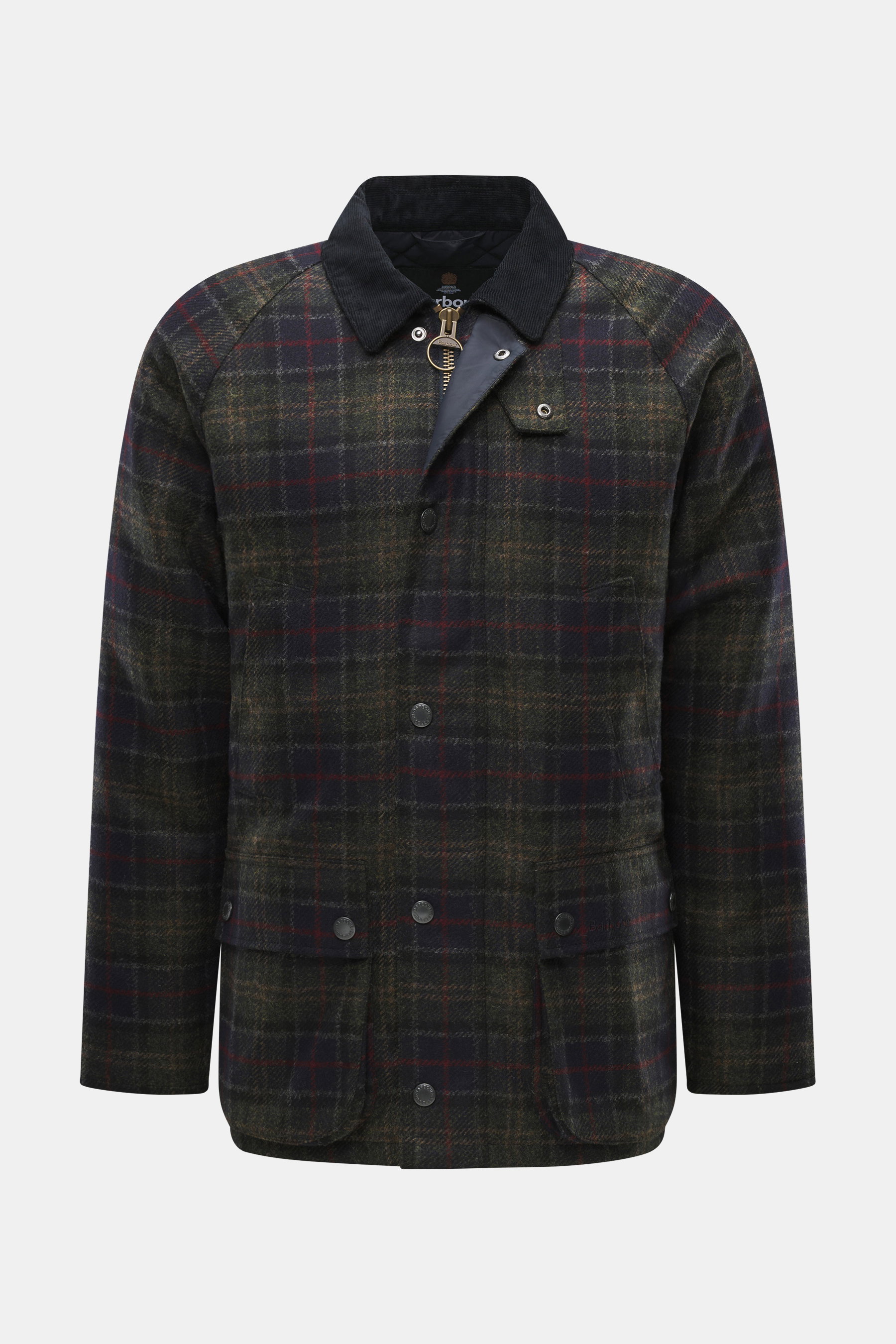Front view of Barbour Wool Jacket 'Tartan Bedale' navy/dark green/burgundy checkered, pure wool with corduroy collar, quilted lining, patch pockets, and logo embroidery, slim fit.
