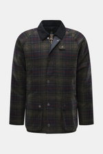 Front view of Barbour Wool Jacket 'Tartan Bedale' navy/dark green/burgundy checkered, pure wool with corduroy collar, quilted lining, patch pockets, and logo embroidery, slim fit.