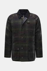 Front view of Barbour Wool Jacket 'Tartan Bedale' navy/dark green/burgundy checkered, pure wool with corduroy collar, quilted lining, patch pockets, and logo embroidery, slim fit.