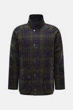 Front view of the Barbour Wool Jacket 'Tartan Bedale' navy/dark green/burgundy checkered, pure wool with corduroy collar, quilted lining, hand warmer and patch pockets, slim fit, two-way zipper, snap buttons, raglan sleeves, and logo embroidery. Well prep