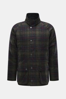 Front view of the Barbour Wool Jacket 'Tartan Bedale' navy/dark green/burgundy checkered, pure wool with corduroy collar, quilted lining, hand warmer and patch pockets, slim fit, two-way zipper, snap buttons, raglan sleeves, and logo embroidery. Well prep