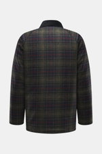 Rear view of Barbour Wool Jacket 'Tartan Bedale' navy/dark green/burgundy checkered with pure wool, corduroy collar, and tartan trim, shown from the back.