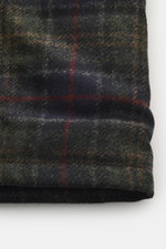 Close-up front view of the Barbour Wool Jacket 'Tartan Bedale' navy/dark green/burgundy checkered with pure wool and tartan woven pattern.