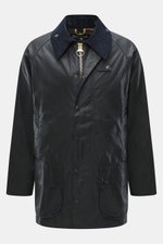 Barbour Wax jacket 'Beaufort' dark navy front view, long-cut waxed cotton with corduroy collar, water-repellent, regular fit, multiple pockets, two-way zipper.