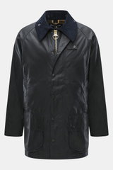 Barbour Wax jacket 'Beaufort' dark navy front view, long-cut waxed cotton with corduroy collar, water-repellent, regular fit, multiple pockets, two-way zipper.