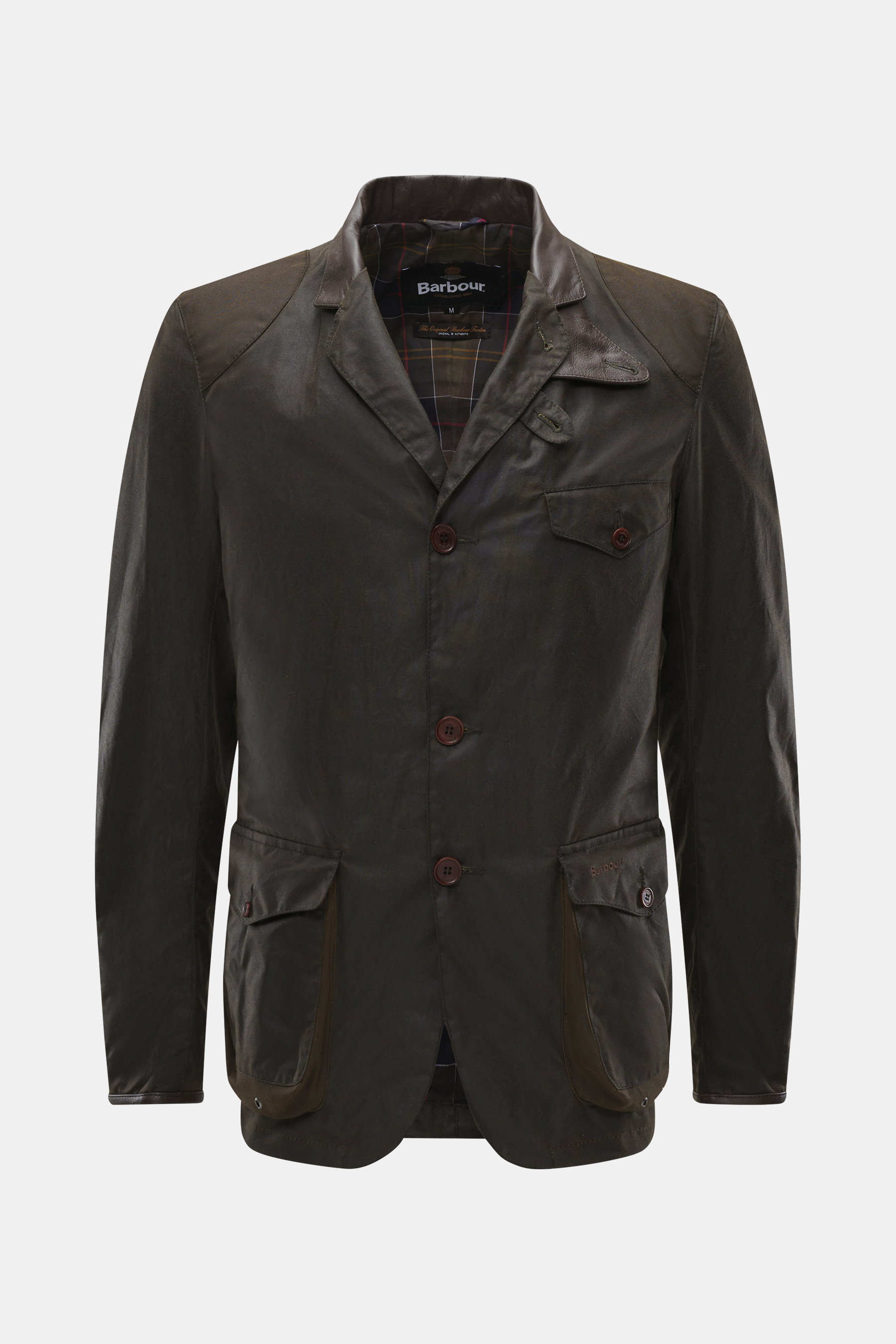 Front view of Barbour Wax Jacket 'Beacon' Dark Brown in slim fit, waxed cotton with leather-trimmed collar, three-button placket, patch pockets, and tartan lining.