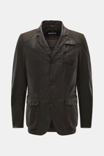 Front view of Barbour Wax Jacket 'Beacon' Dark Brown in slim fit, waxed cotton with leather-trimmed collar, three-button placket, patch pockets, and tartan lining.