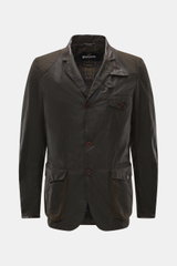 Front view of Barbour Wax Jacket 'Beacon' Dark Brown in slim fit, waxed cotton with leather-trimmed collar, three-button placket, patch pockets, and tartan lining.