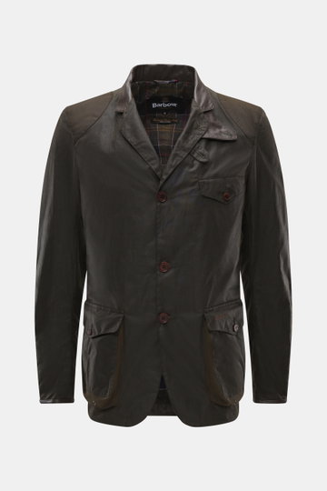 Barbour Wachsjacke 'Beacon' dunkelbraun, Slim Fit, gewachste Baumwolle, Lederkragen, Tartan-Futter, wasserabweisend, Fronttaschen, Drei-Knopf-Leiste, Frontalaufnahme.