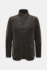 Front view of Barbour Wax Jacket 'Beacon' Dark Brown in slim fit with waxed cotton, leather-trimmed collar, three-button placket, patch pockets, and water-repellent finish.