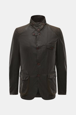 Front view of Barbour Wax Jacket 'Beacon' Dark Brown in slim fit with waxed cotton, leather-trimmed collar, three-button placket, patch pockets, and water-repellent finish.