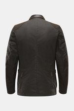 Barbour Wax Jacket 'Beacon' Dark Brown shown from the back in a slim fit with waxed cotton, leather collar trim, and zippered patch pockets.