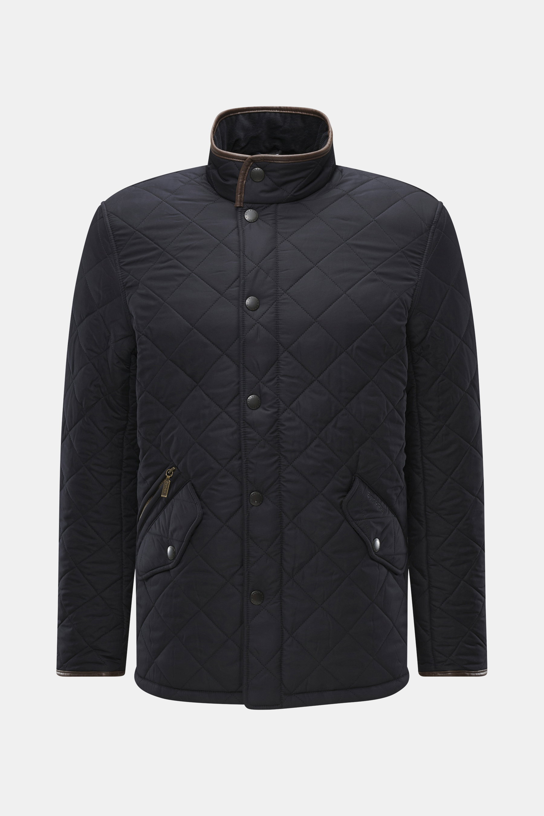 Front view of Barbour Quilted jacket 'Powell Quilt' navy in slim fit, featuring high-quality microfiber, light padding, fleece lining, two-way zipper, wind flap with snap buttons, stand-up collar with corduroy trim, front flap pockets, welt zipper pocket,