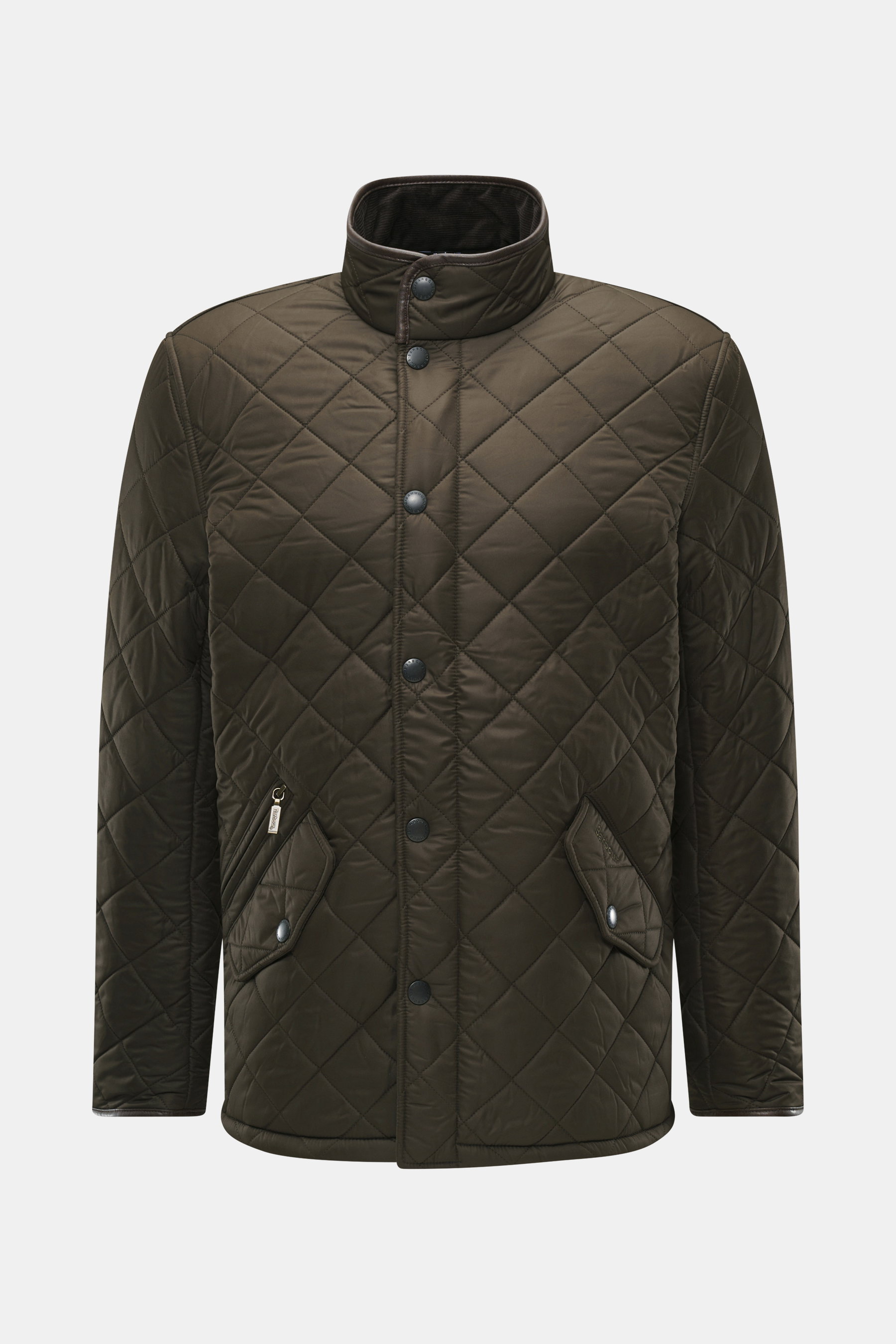 Front view of Barbour Quilted jacket 'Powell Quilt' dark olive, slim fit with light padding, fleece lining, stand-up collar, and multiple pockets.

Detailed description: <p>Styled after the popular Chelsea design, the 'Powell Quilt' quilted jacket feature