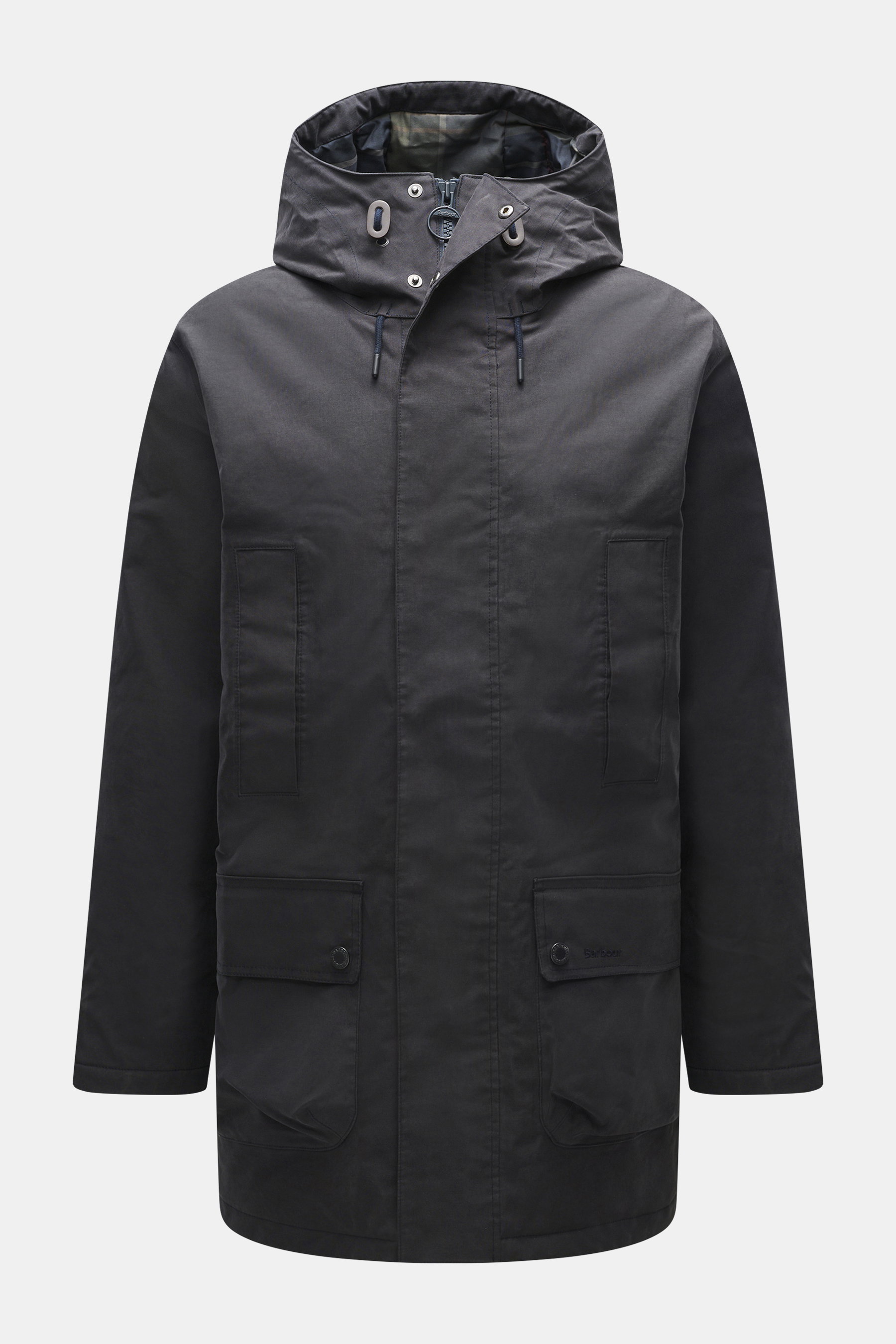 Barbour Wachsparka 'Northfield Waterproof' navy, Frontalansicht, gewachste Baumwolle, wasserabweisend, Kapuze, Fleecefutter, Regular Fit, Windblende, wattiert
