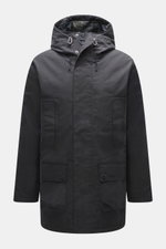 Barbour Wachsparka 'Northfield Waterproof' navy, Frontalansicht, gewachste Baumwolle, wasserabweisend, Kapuze, Fleecefutter, Regular Fit, Windblende, wattiert