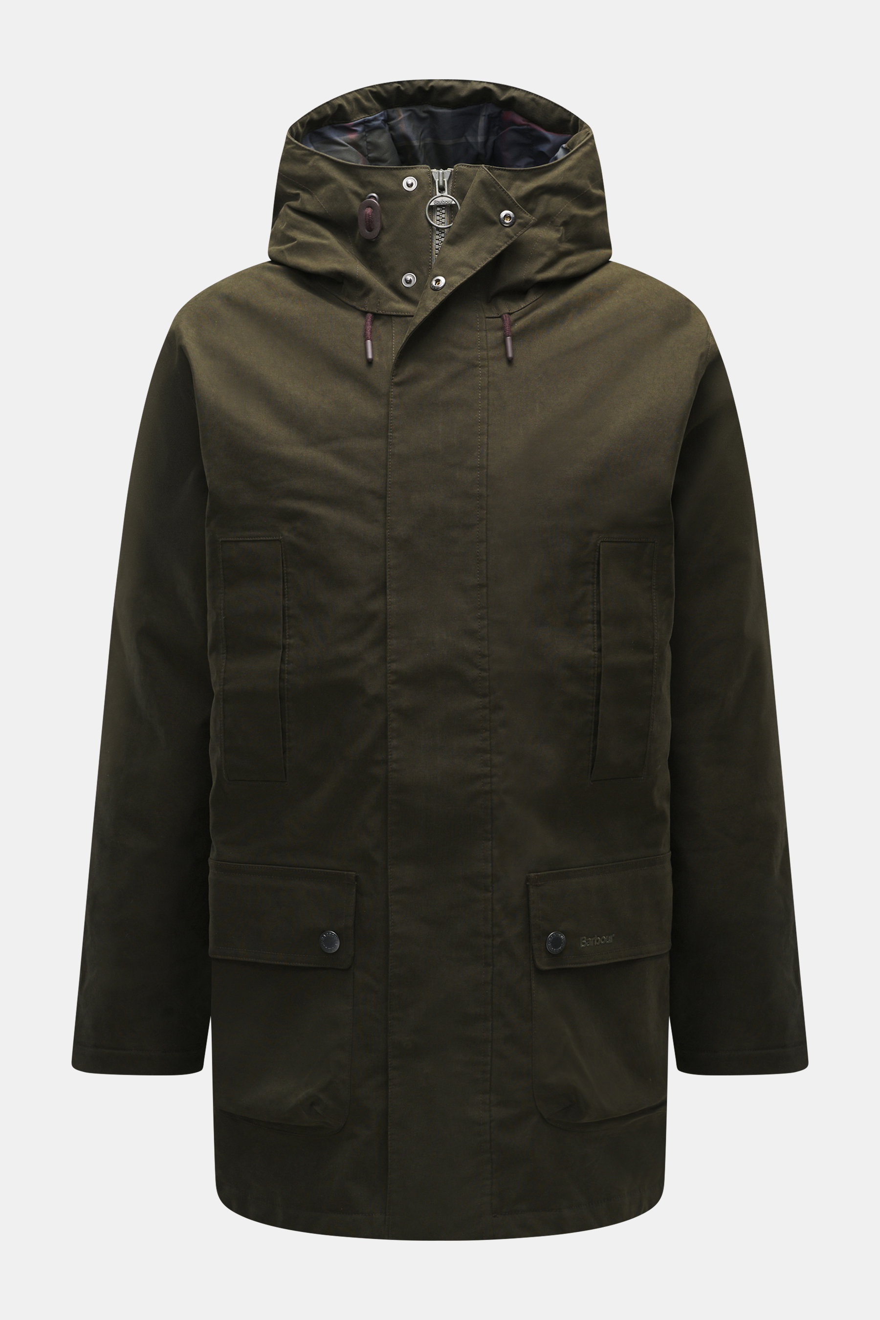 Barbour Wachsparka 'Northfield Waterproof' dark olive, frontale Nahaufnahme mit Kapuze, Taschen, wasserabweisend, warm wattiert, Regular Fit.