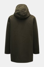 Barbour Wachsparka 'Northfield Waterproof' dark olive, Rückansicht mit Kapuze, gewachste, wasserabweisende Baumwolle, Regular Fit.