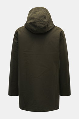Barbour Wachsparka 'Northfield Waterproof' dark olive, Rückansicht mit Kapuze, gewachste, wasserabweisende Baumwolle, Regular Fit.