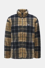 Front view of Barbour Fleece jacket 'Tartan Sherpa' beige/navy checked with thick microfiber sherpa fleece, classic check pattern, stand-up collar, high zipper, and Barbour chest stitching.