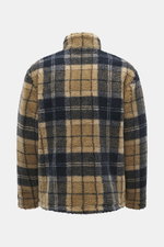Rear view of Barbour Fleece jacket 'Tartan Sherpa' beige/navy checked with thick sherpa fleece, classic check pattern, stand-up collar, and soft microfiber fleece.