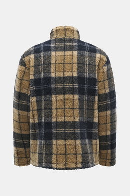Rear view of Barbour Fleece jacket 'Tartan Sherpa' beige/navy checked with thick sherpa fleece, classic check pattern, stand-up collar, and soft microfiber fleece.