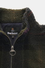 Close-up front view of the collar and zipper area of the Barbour Overshirt 'Woodlane' navy/beige/bordeaux kariert, showcasing its soft brushed wool-mix fabric with a classic Canadian lumberjack check pattern. The overshirt features a mix of wool and micro
