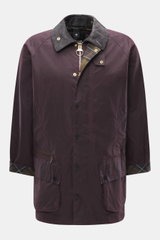 Barbour Wax jacket 'Beaufort Icons' purple shown from the front, made of durable waxed cotton with corduroy collar, tartan lining, multiple pockets, two-way zipper, and snap buttons. A true classic British outdoor jacket with practical, water-repellent fe