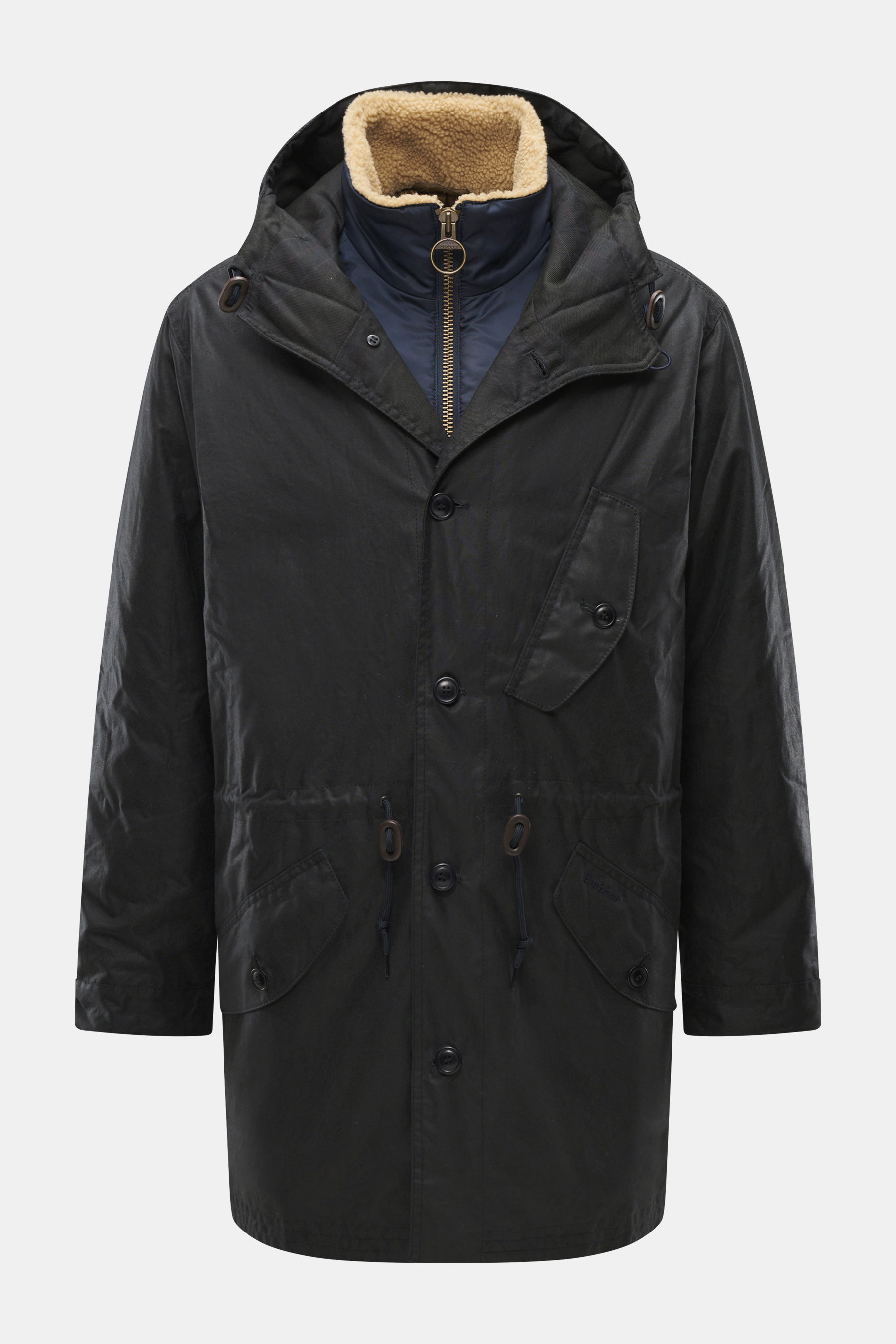 Front view of Barbour Wax parka 'Ursula' dark navy in waxed cotton with typical material texture, water-repellent, breathable, double front, regular fit, robust two-way zipper, smooth button placket, hood with drawstring, chest pocket with flap and button