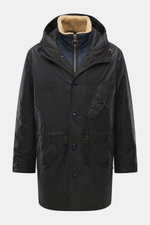 Front view of Barbour Wax parka 'Ursula' dark navy in waxed cotton with typical material texture, water-repellent, breathable, double front, regular fit, robust two-way zipper, smooth button placket, hood with drawstring, chest pocket with flap and button
